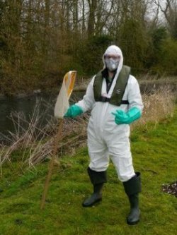 Fly monitoring volunteer in protective equipment